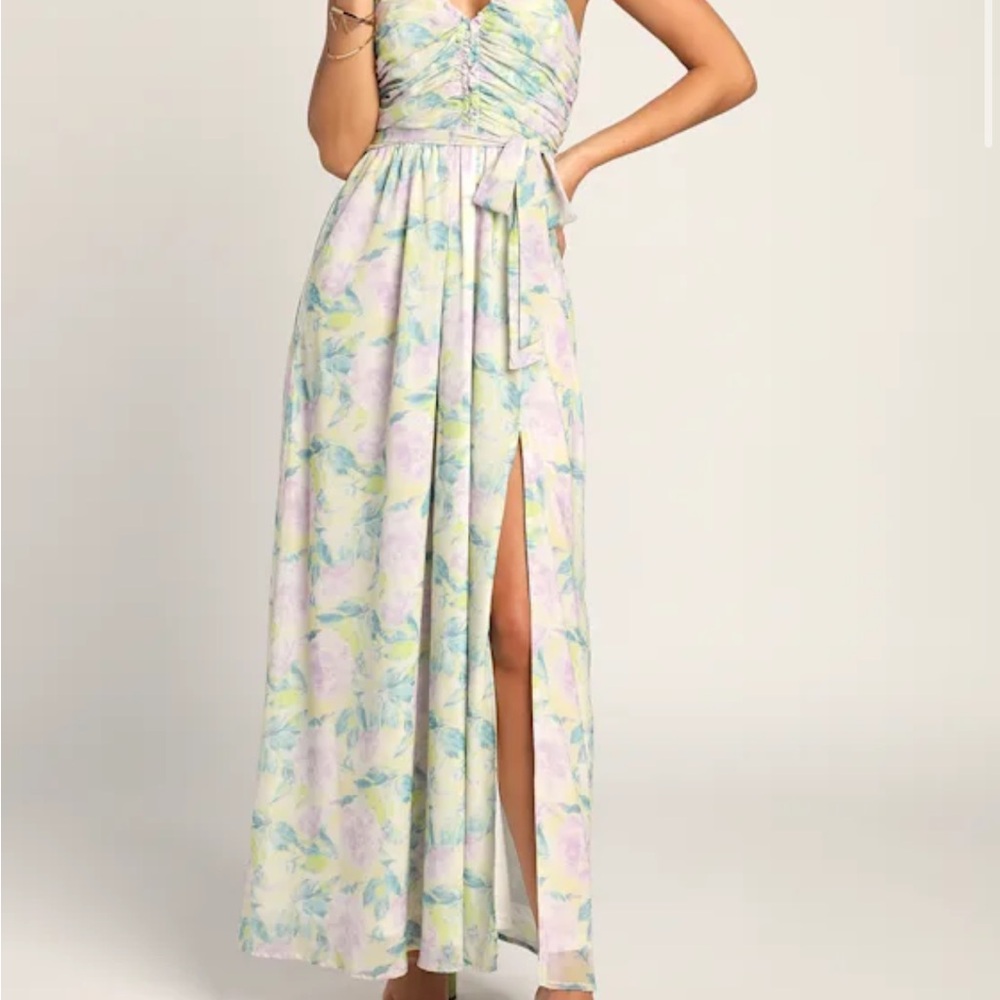 Lulu's Pastel Floral Ruched Maxi Dress with Side Slit